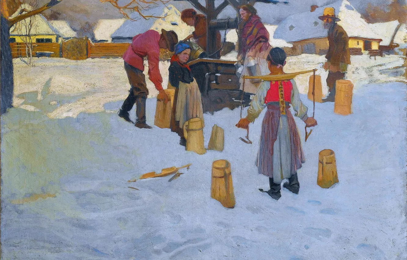 Фото обои Зима, Снег, Люди, Картина, Семья, Колодец, Alfons Karpinski, Семья у колодца