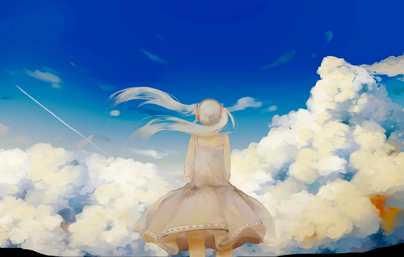 Фото обои небо, девушка, облака, спина, арт, vocaloid, hatsune miku, kabenekoneko