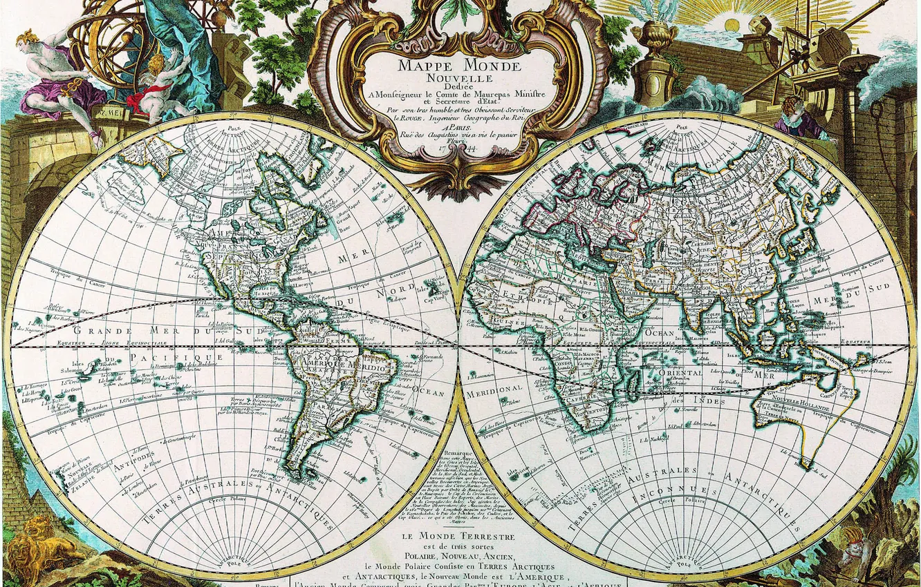 Фото обои карта, древность, полушария, 1744, mappe monde