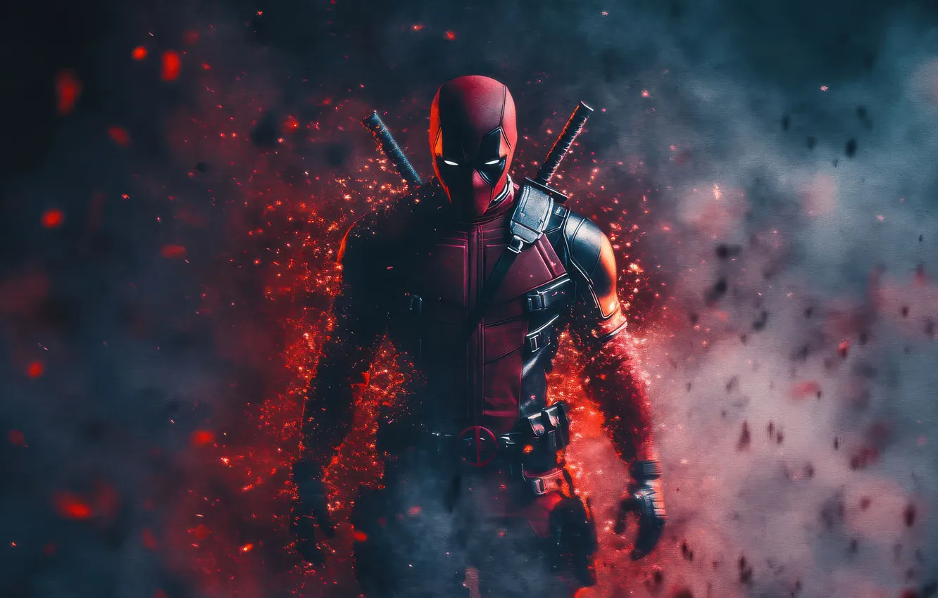 Фото обои маска, костюм, Deadpool, марвел, супер герой, Дедпул, герои комиксов, взрыв.дым