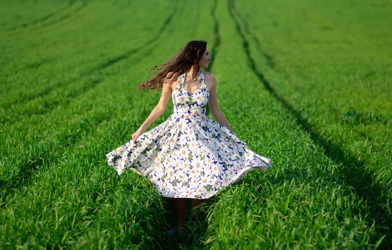 Фото обои поле, лето, девушка, волосы, платье