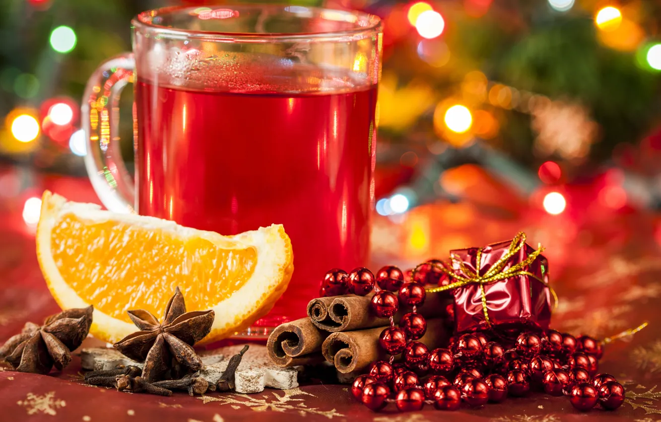 Фото обои апельсин, Новый Год, Рождество, чашка, бусы, напиток, корица, праздники