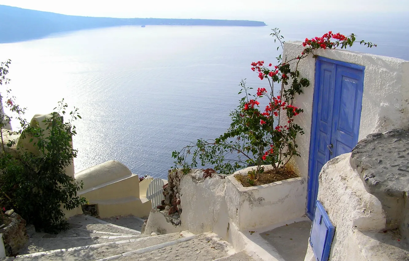 Фото обои город, Греция, дверь, ступени, Santorini, Oia