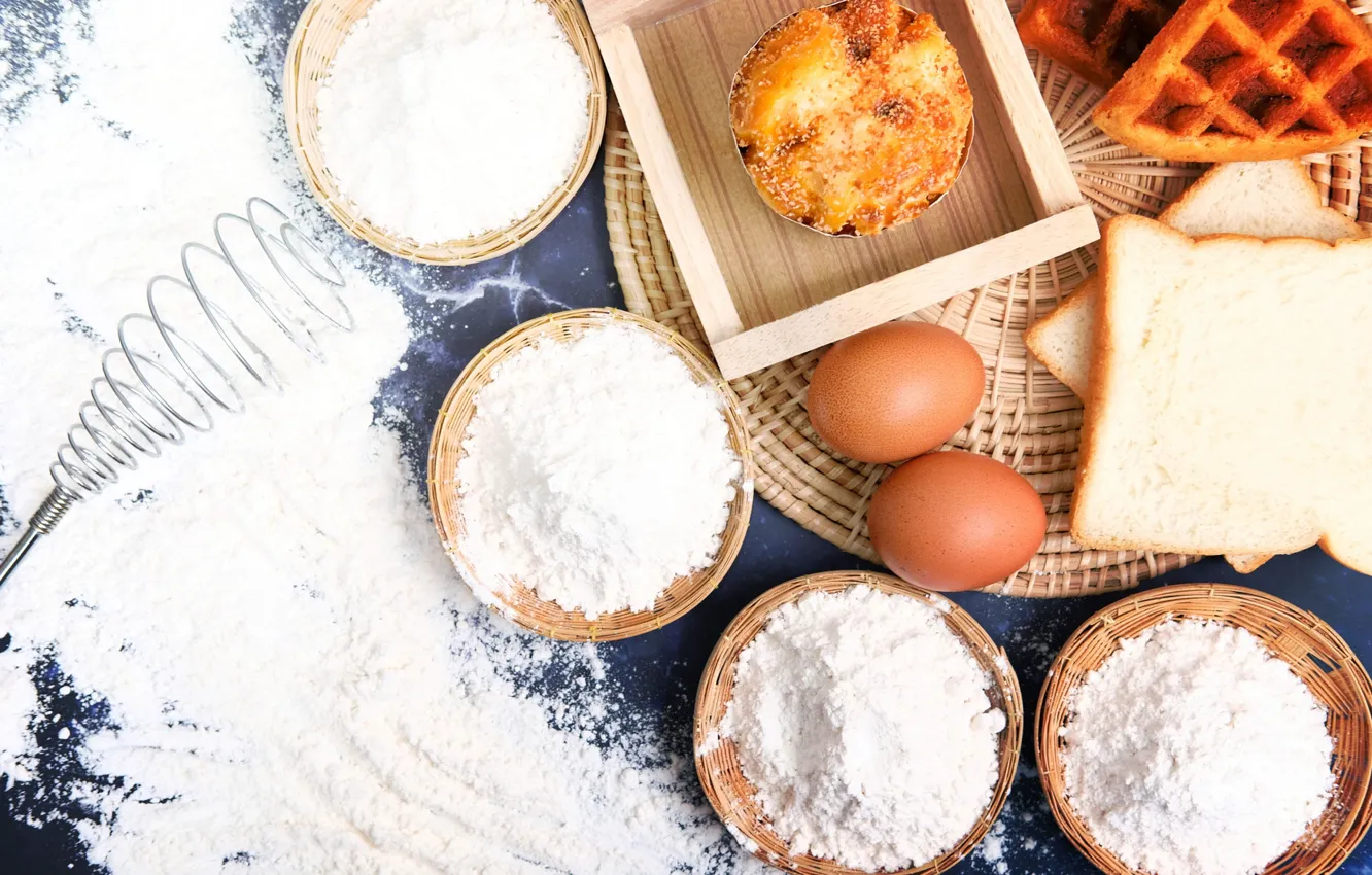 Фото обои яйца, вафли, мука