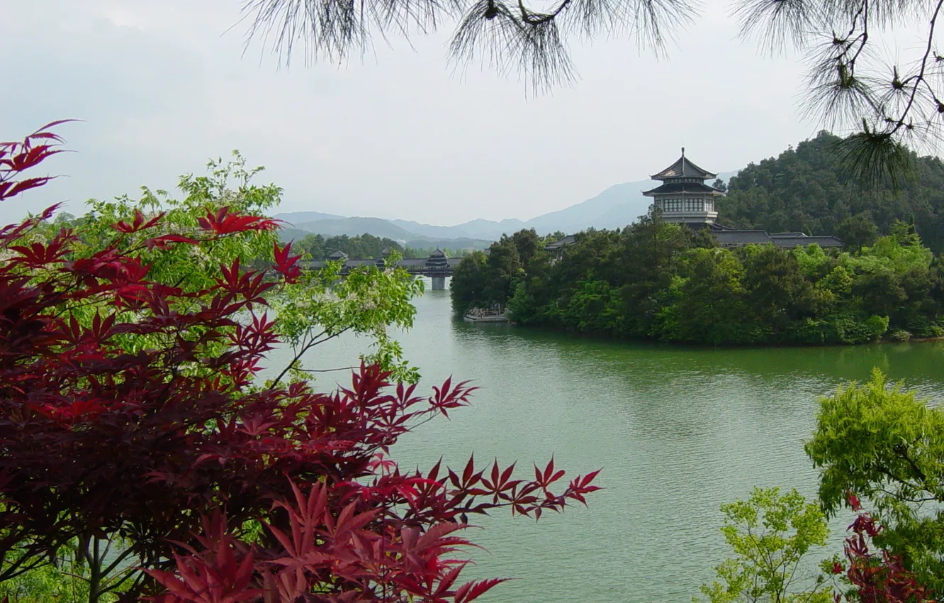 Фото обои China, landscape, lake, Guilin, red leaves, pagoda
