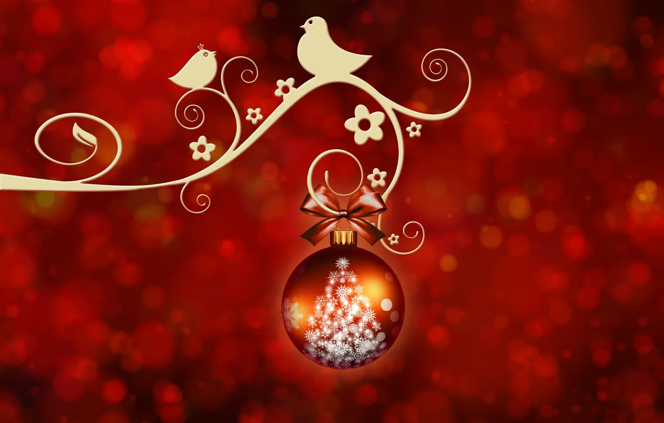 Фото обои фон, шарик, Новый Год, птички