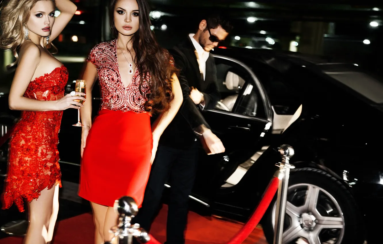 Фото обои car, girl, sexy, party, dress, woman, champagne, escort