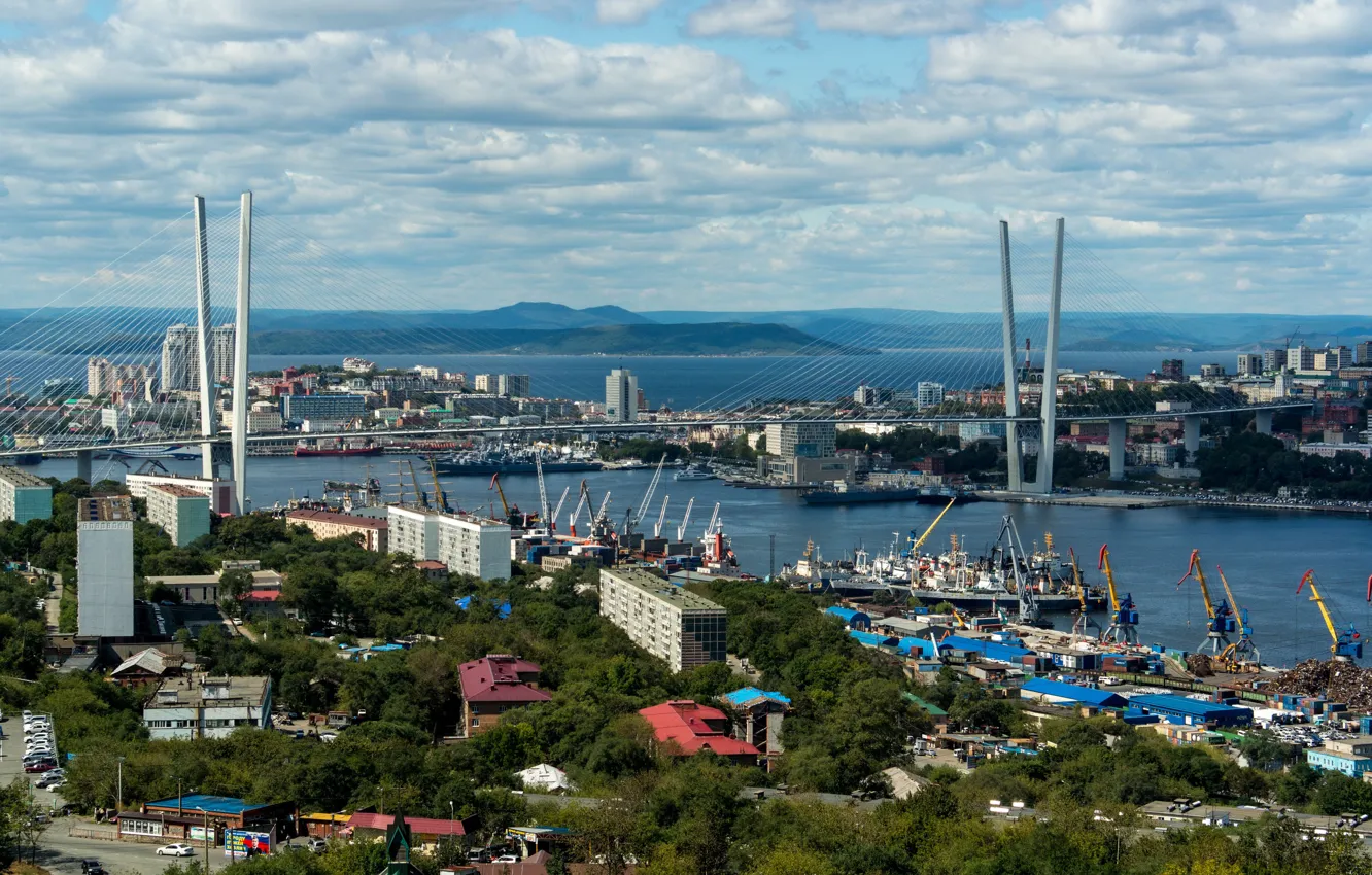 Фото обои пейзаж, мост, побережье, дома, корабли, порт, залив, Россия