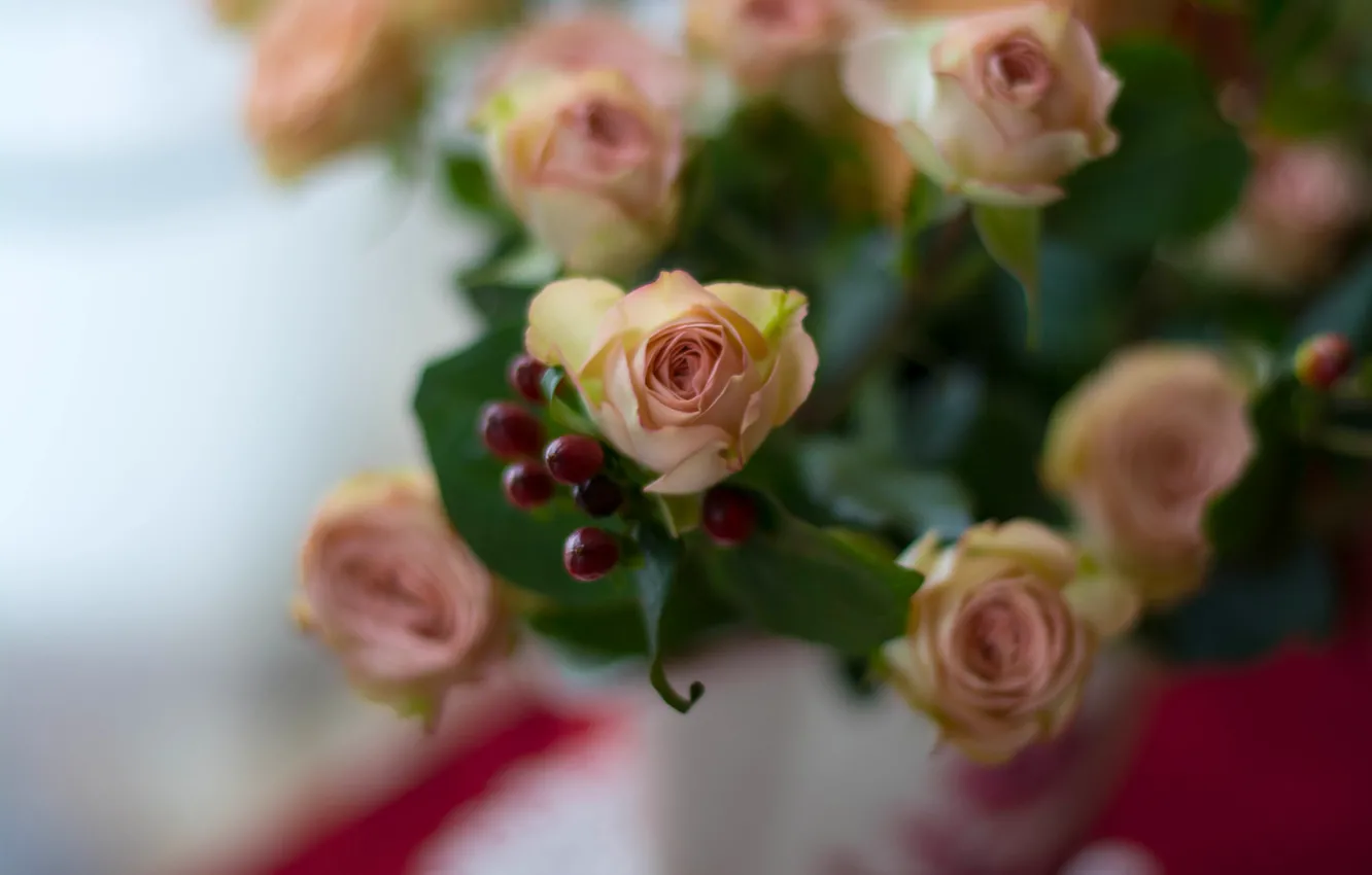 Фото обои розы, букет, бутоны, боке