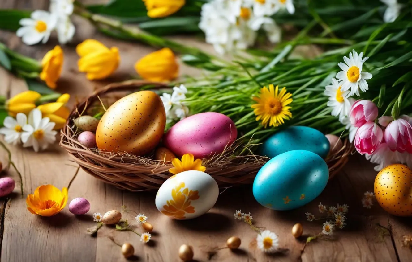 Фото обои цветы, яйца, весна, colorful, Пасха, happy, flowers, spring