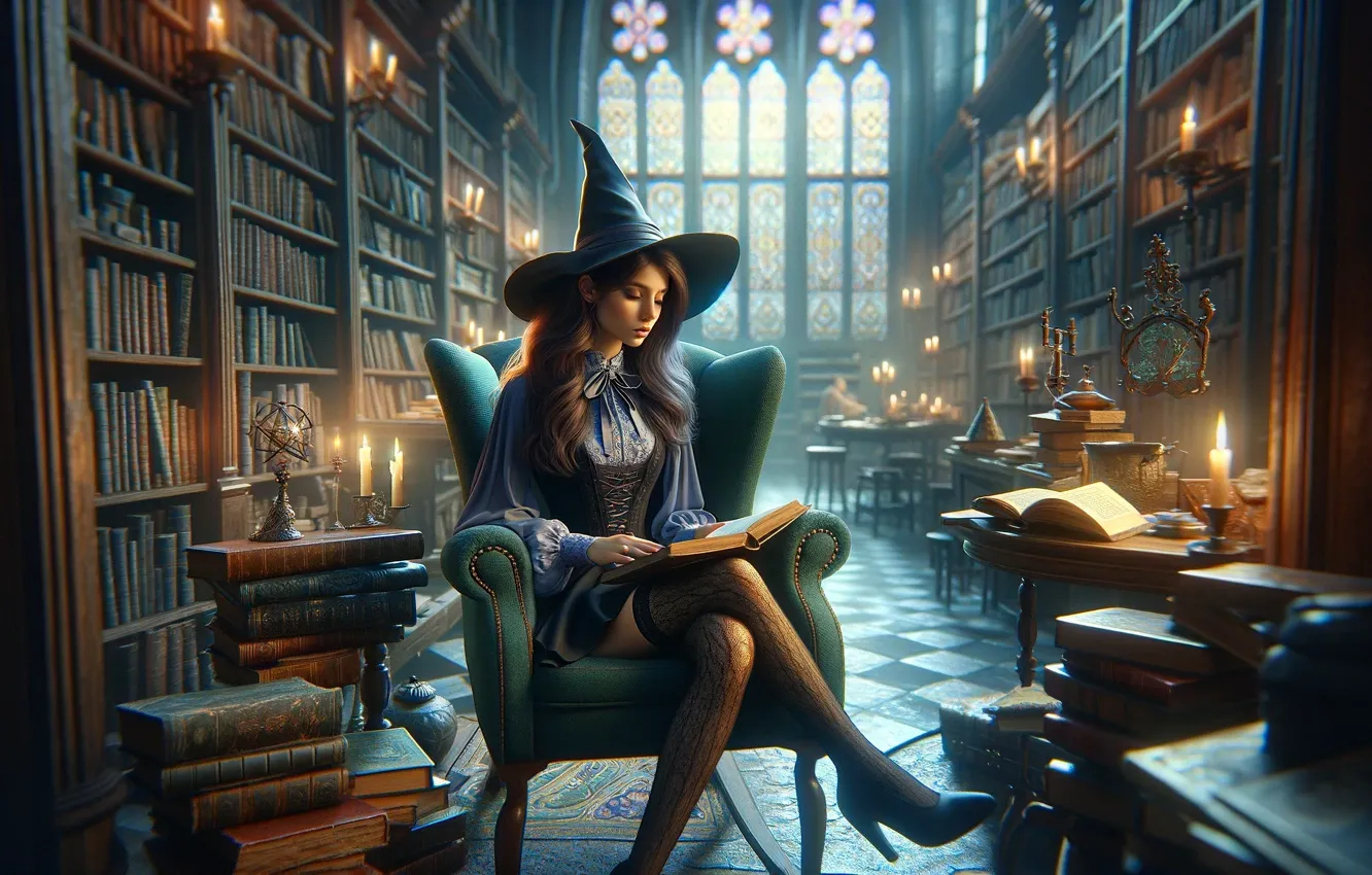 Фото обои long hair, digital art, wizard, witch, sitting, library, legs crossed, closed mouth