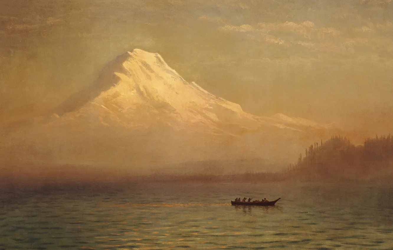 Фото обои пейзаж, озеро, лодка, картина, Альберт Бирштадт, Восход на Горе Такома