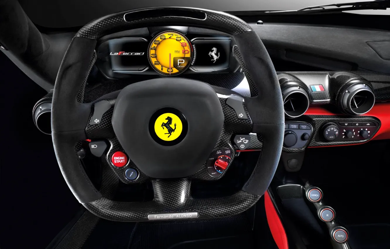 Фото обои макро, панель, размытость, приборы, руль, Ferrari, суперкар, класс