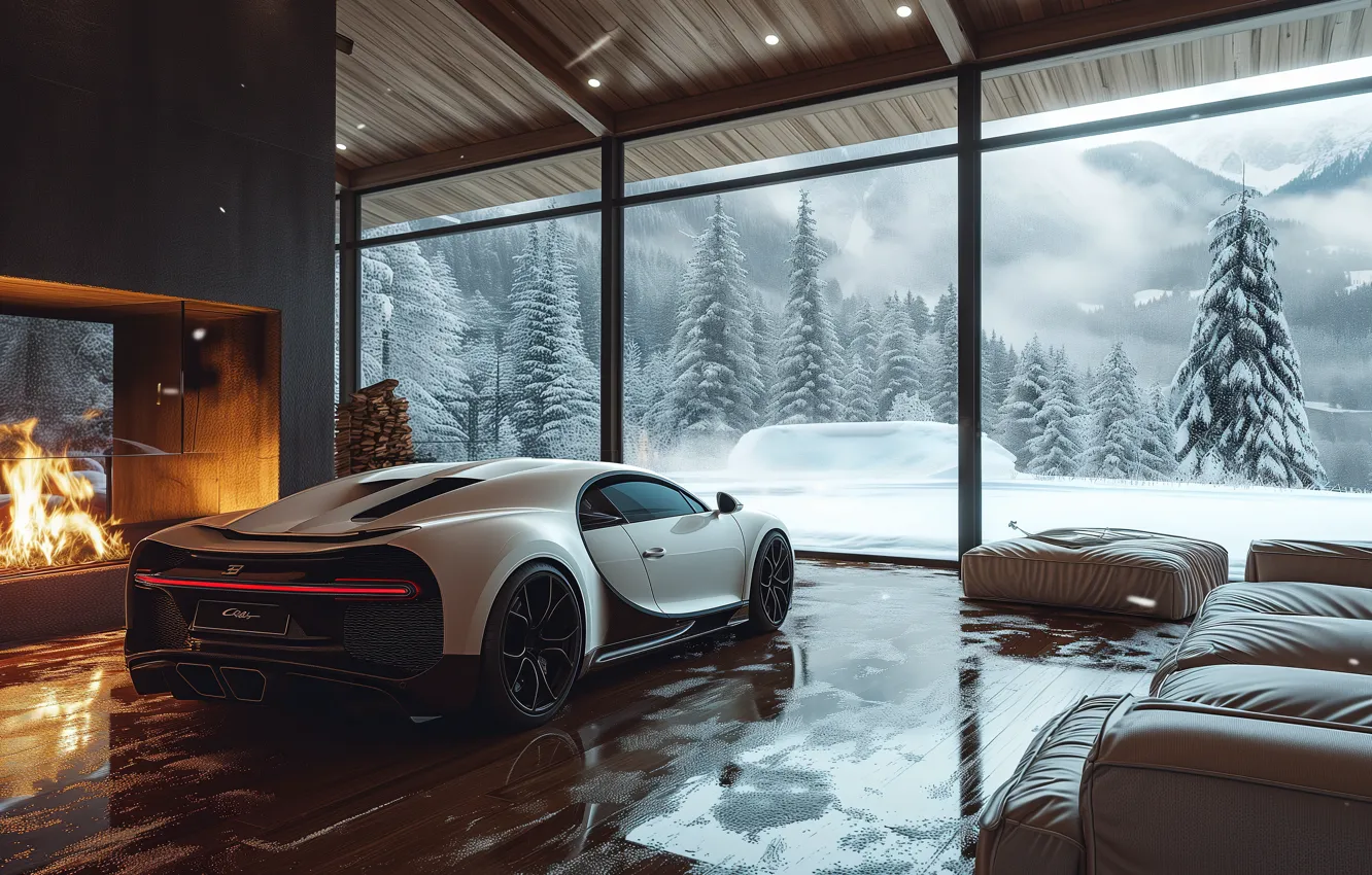 Фото обои Bugatti, Cars, Winter, Fireplace, Cozy, Bugatti Chiron, Hyper Car, Aesthetic interior