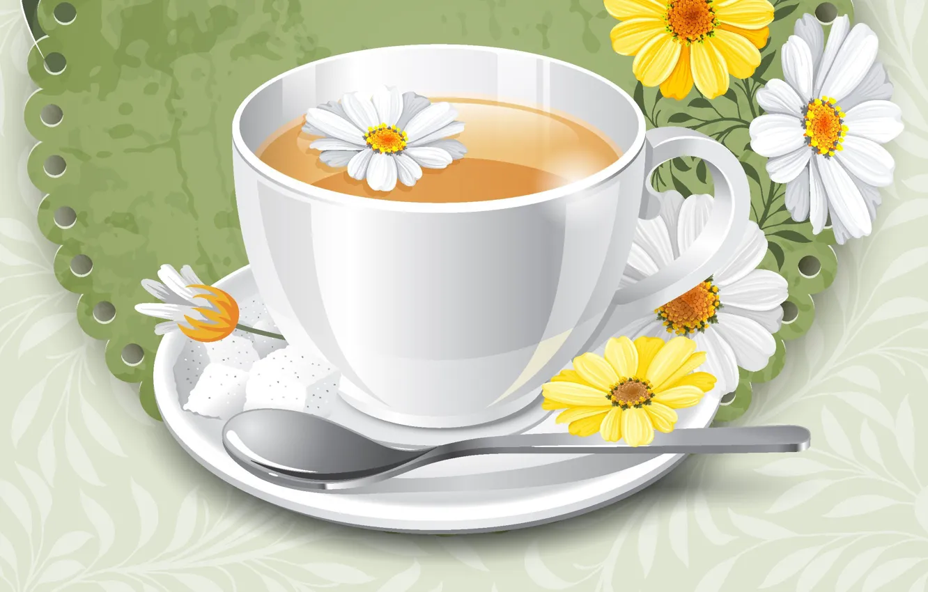 Фото обои цветы, фон, чай, ромашки, чашка, блюдце