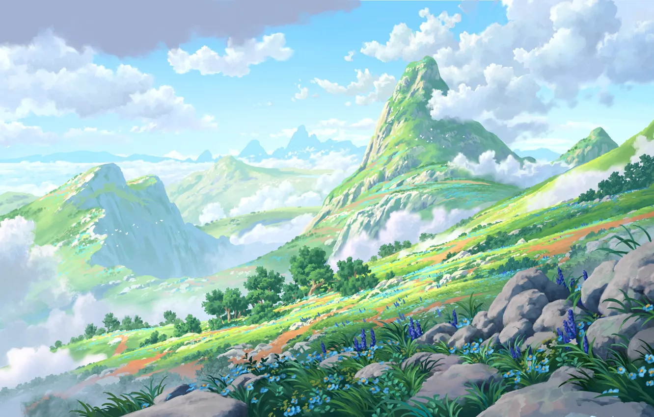 Фото обои небо, цветы, горы, природа