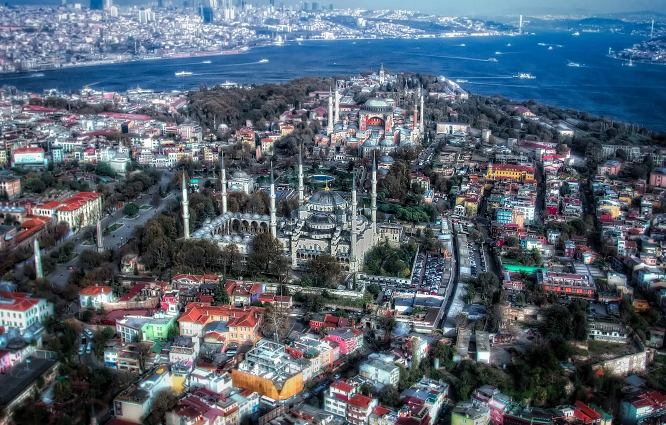 Фото обои HDR, панорама, Стамбул, Турция, Istanbul, Мечеть Султанахмет, Turkey, Голубая мечеть