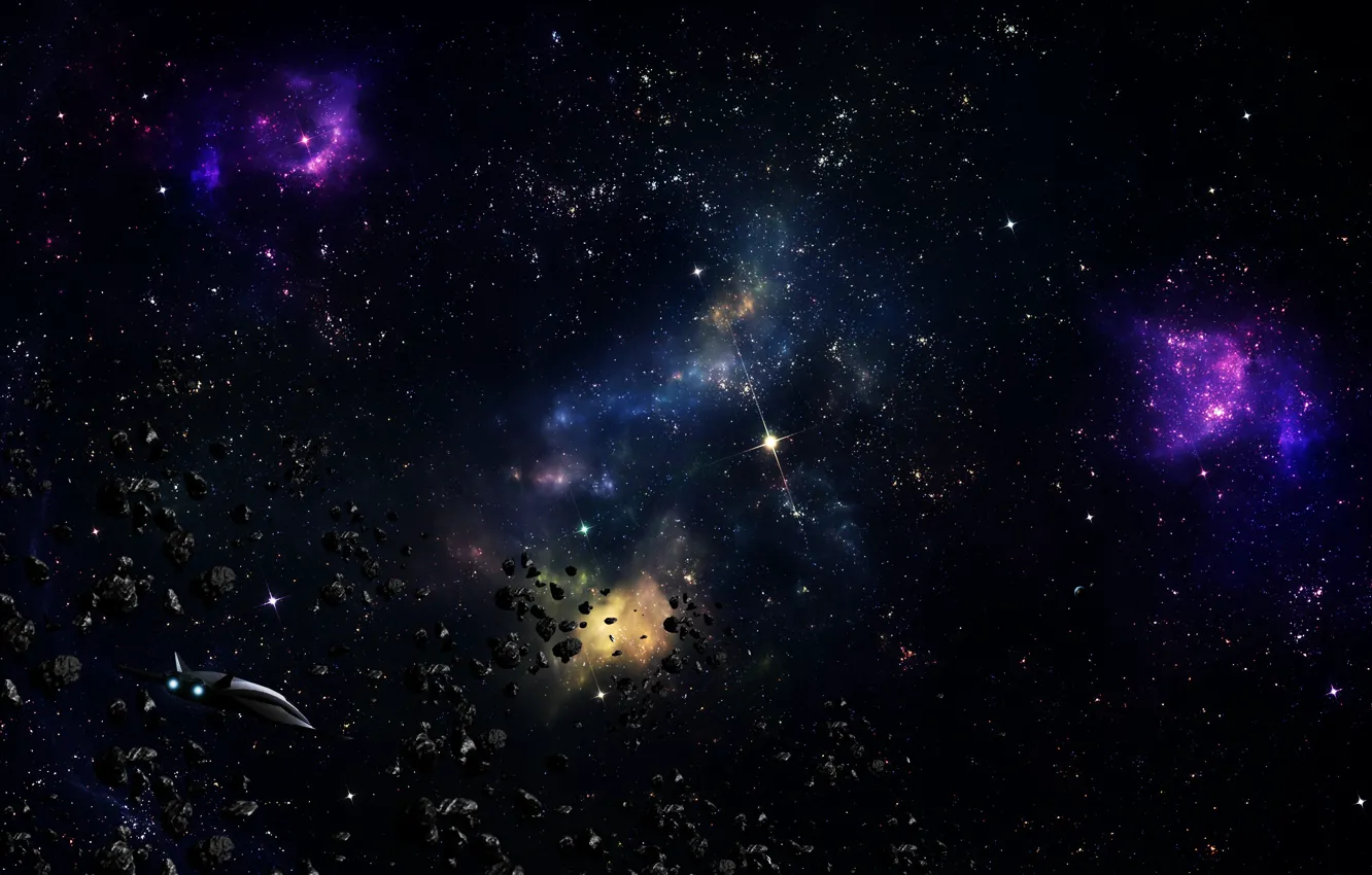 Фото обои космос, звезды, корабль, астероиды