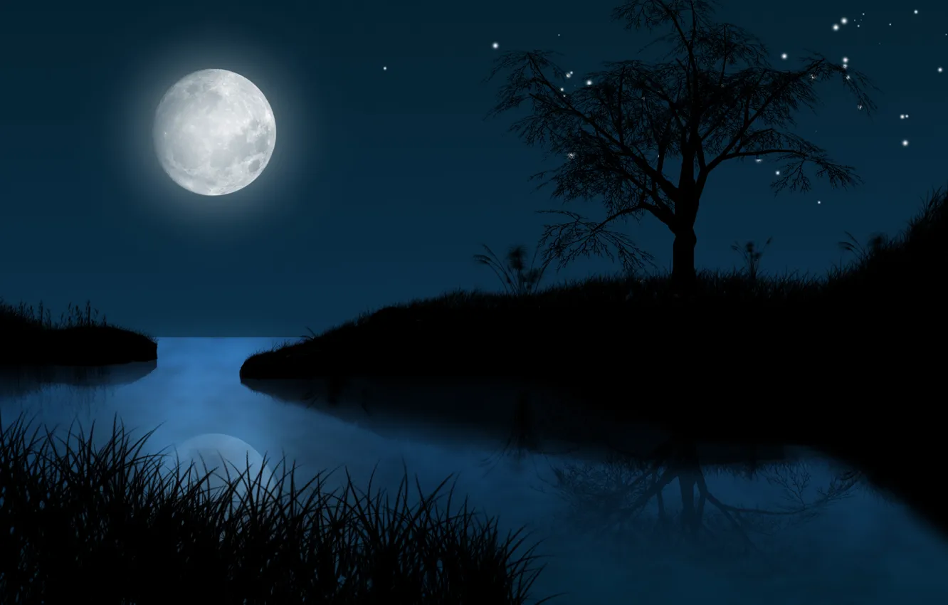 Фото обои звезды, пейзаж, ночь, луна, рисунок