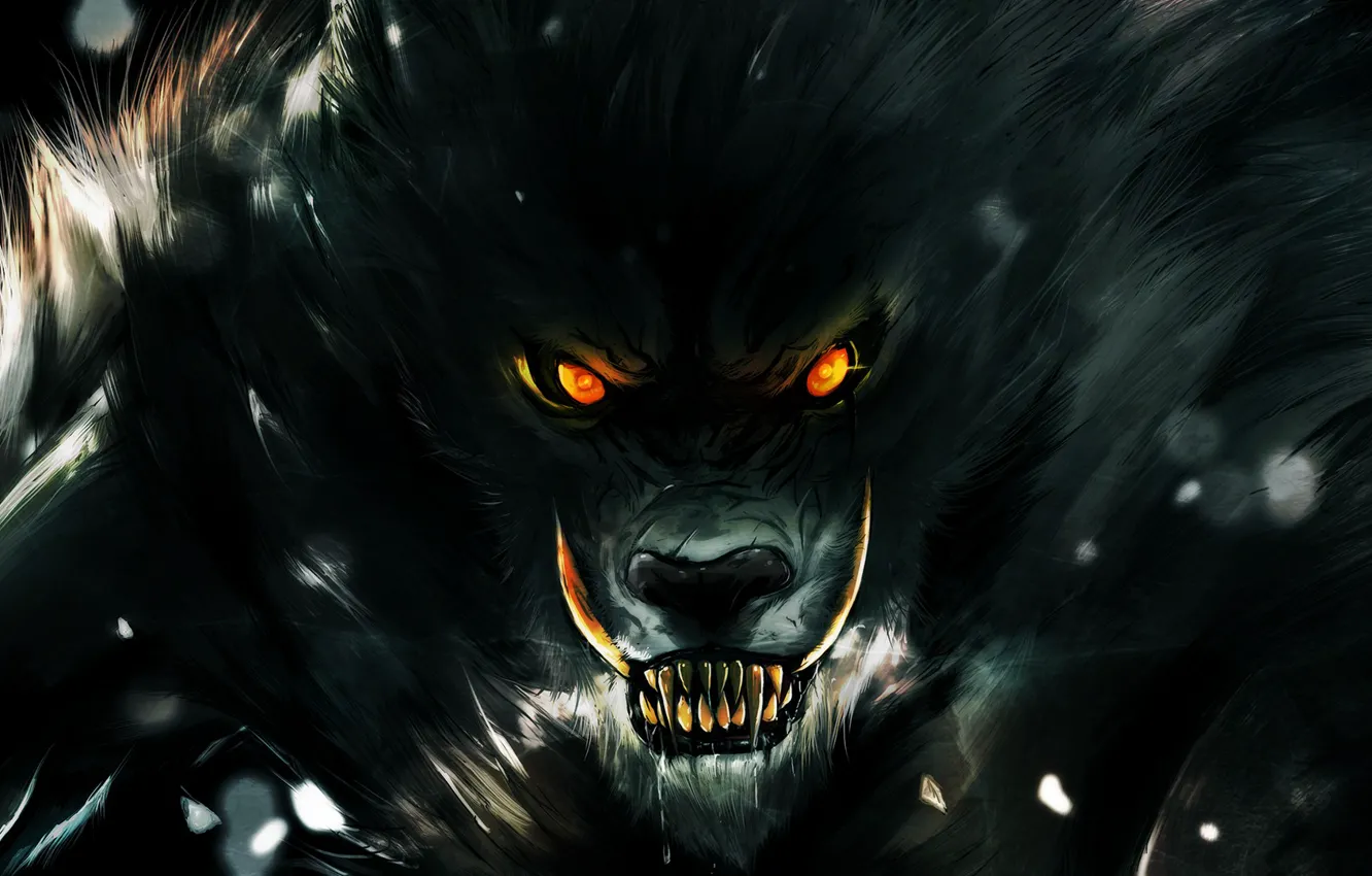 Фото обои глаза, взгляд, тьма, волк, зубы, ярость, оскал, оборотень