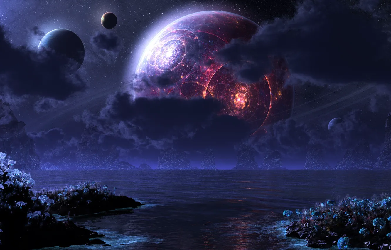 Фото обои море, ночь, луна, планеты, digital, phraxis moon