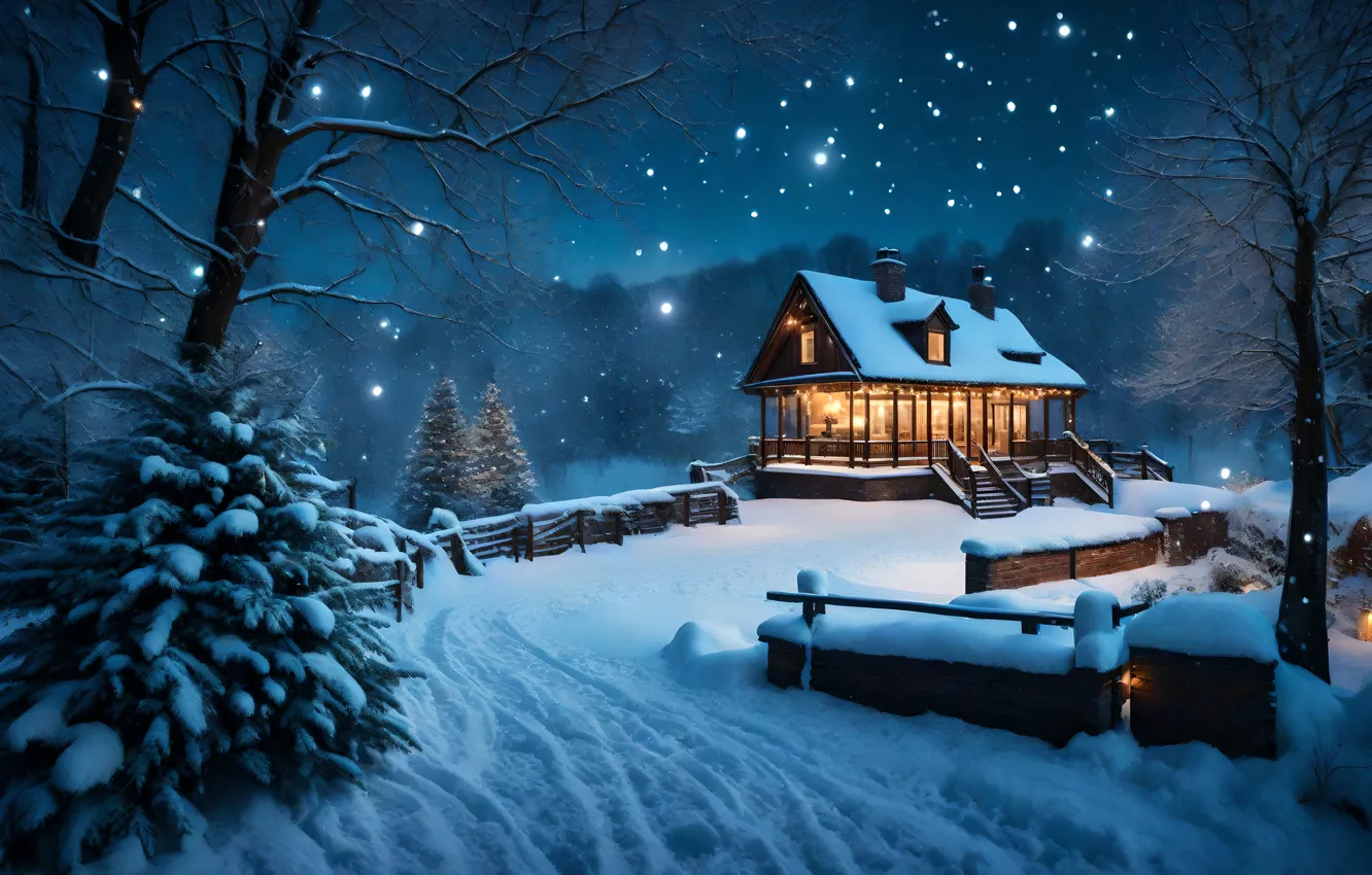 Фото обои зима, снег, ночь, дом, Рождество, Новый год, домик, хижина