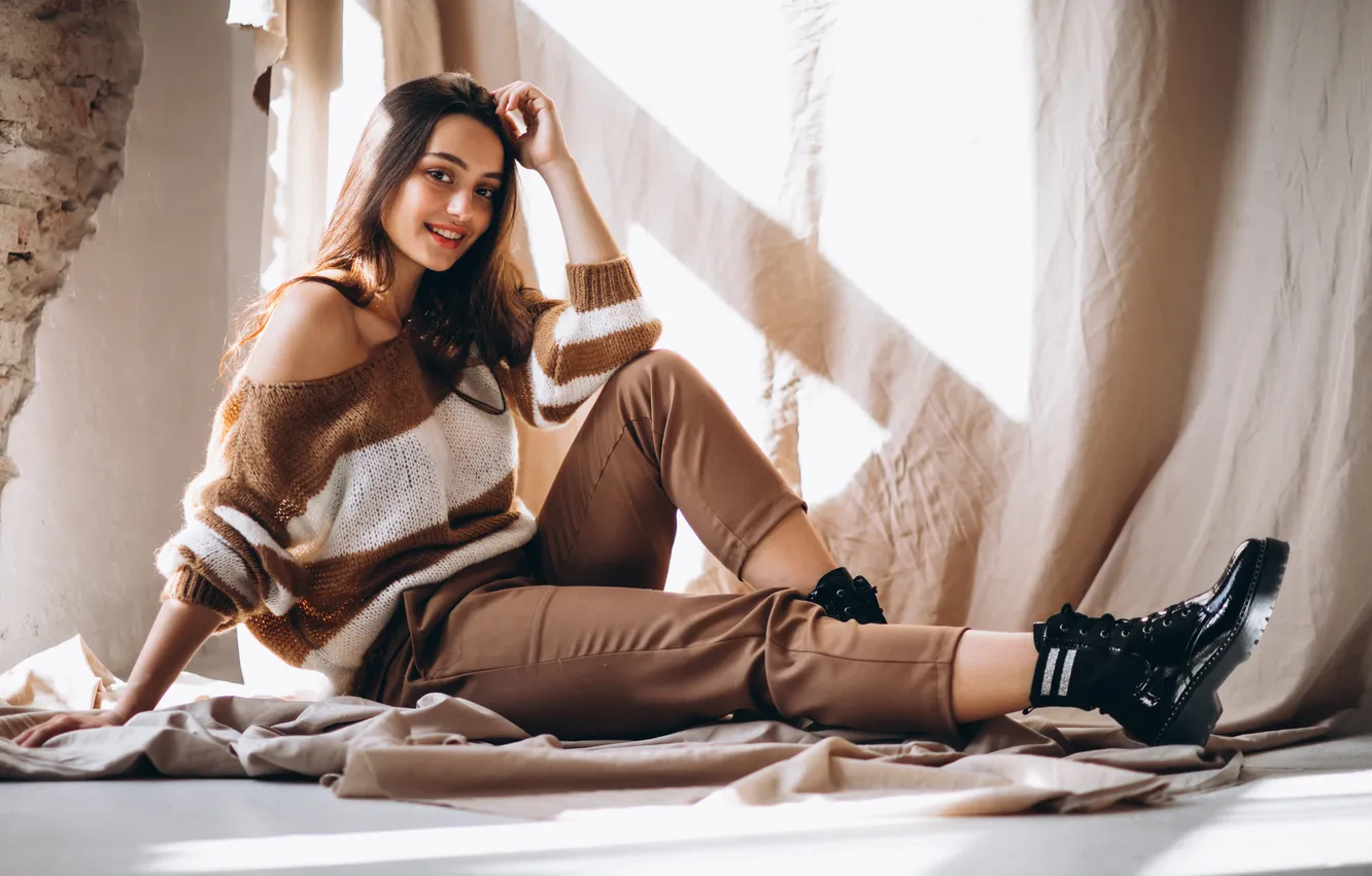 Фото обои woman, young, sitting, warm, ground, sweater