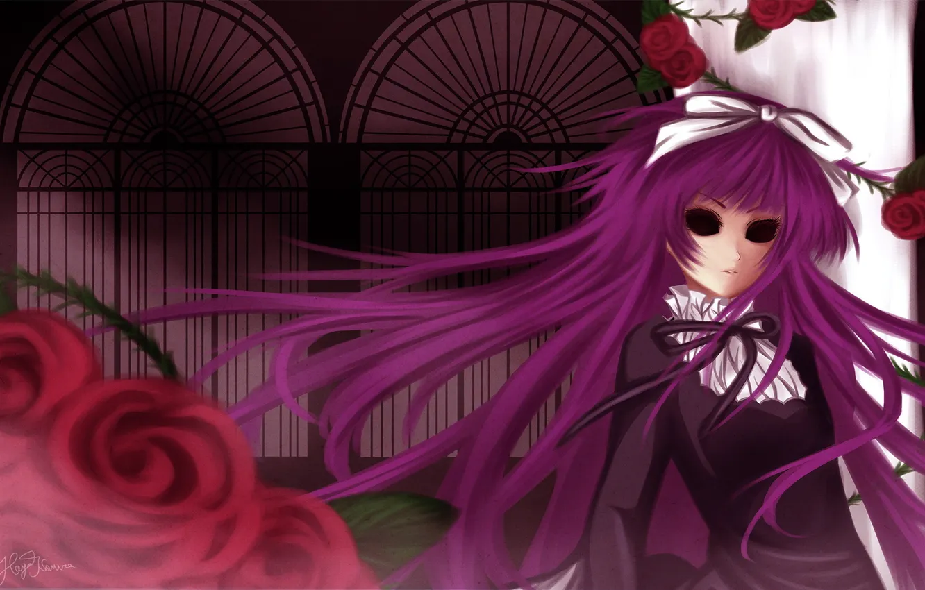 Фото обои окна, розы, арт, девочка, вампир, особняк, усопшие, shiki