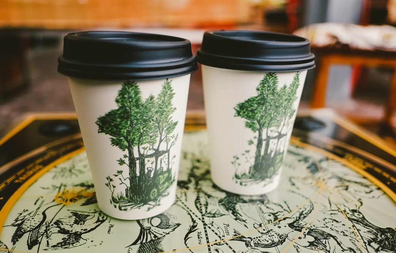Фото обои деревья, рисунок, кофе, стаканы, напиток, стаканчики