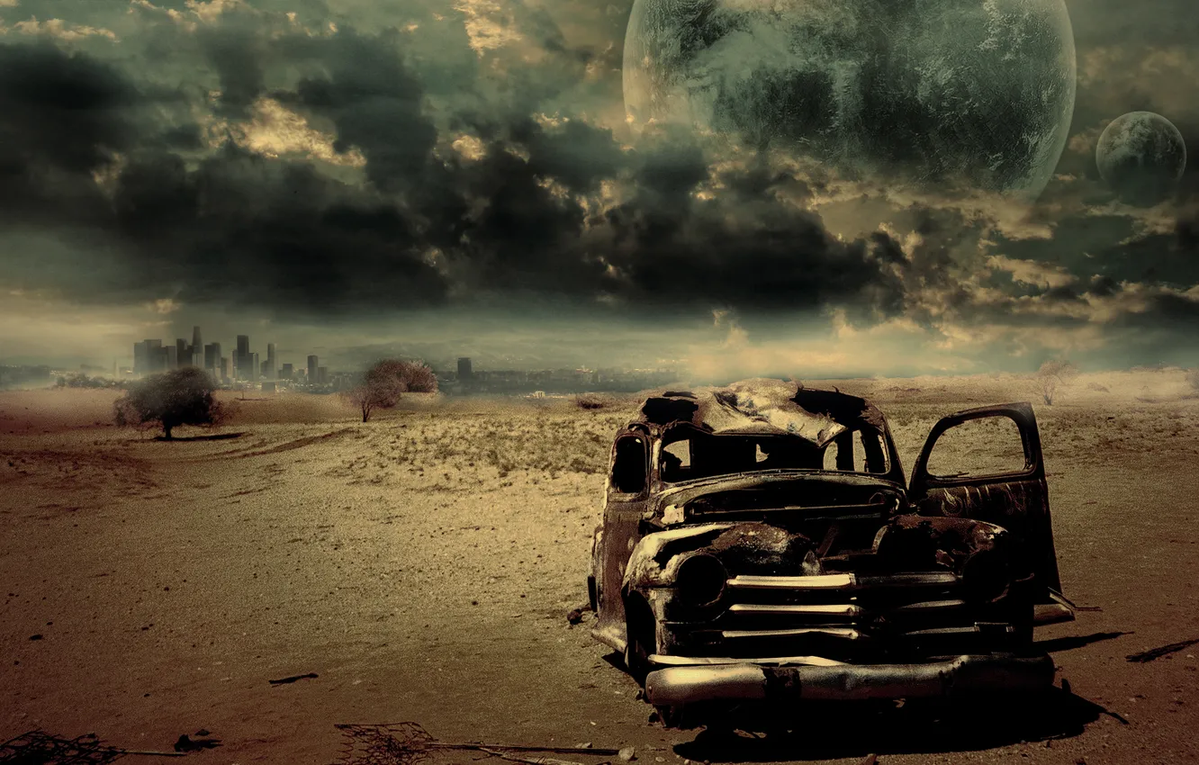 Фото обои машина, небо, цвета, пустыня, горизонт, ржавчина, картинка, железо