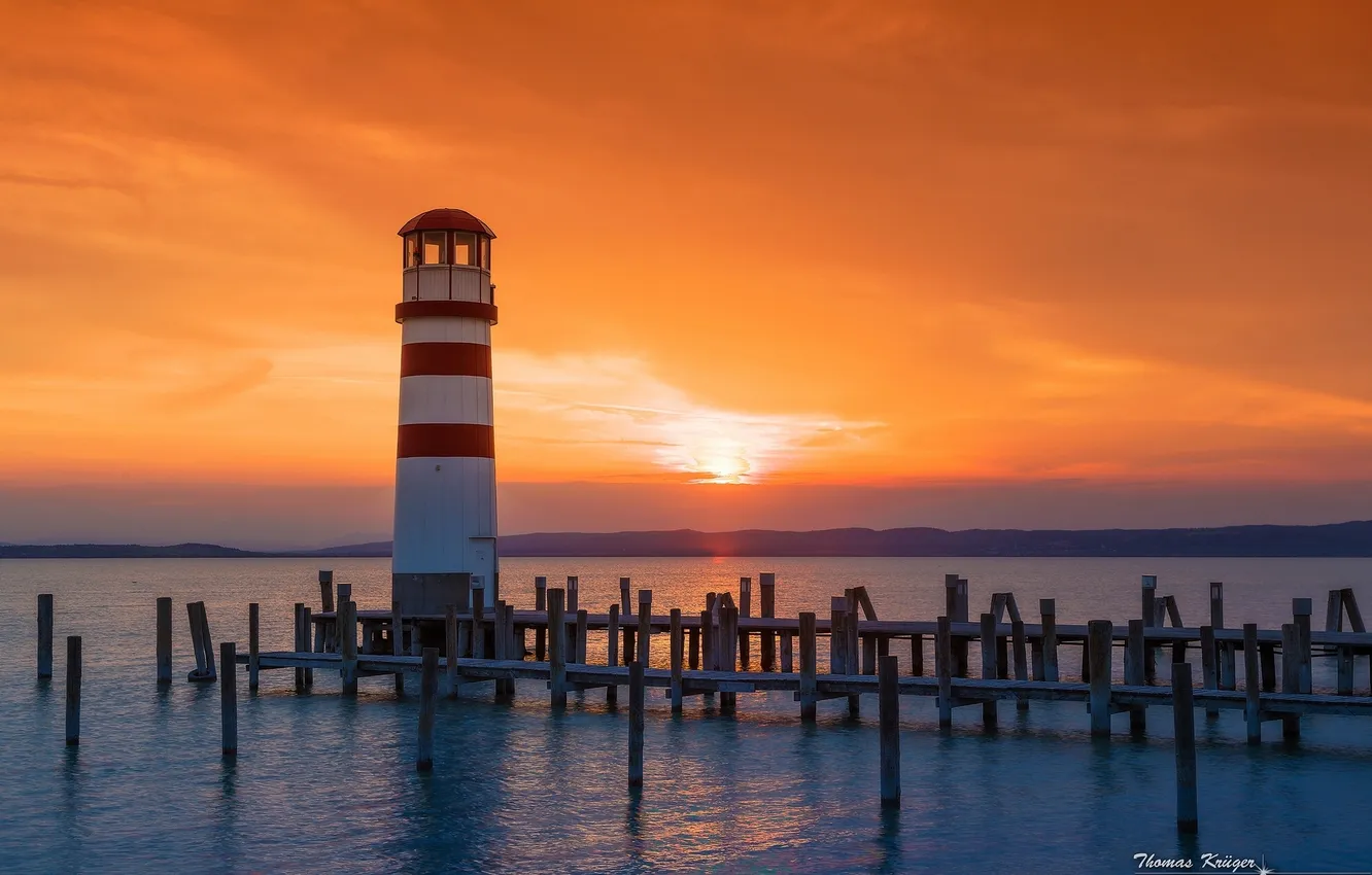 Фото обои закат, маяк, Австрия, Austria, Podersdorf am See, Burgenland, Lake Neusiedl, Подерсдорф-ам-Зе