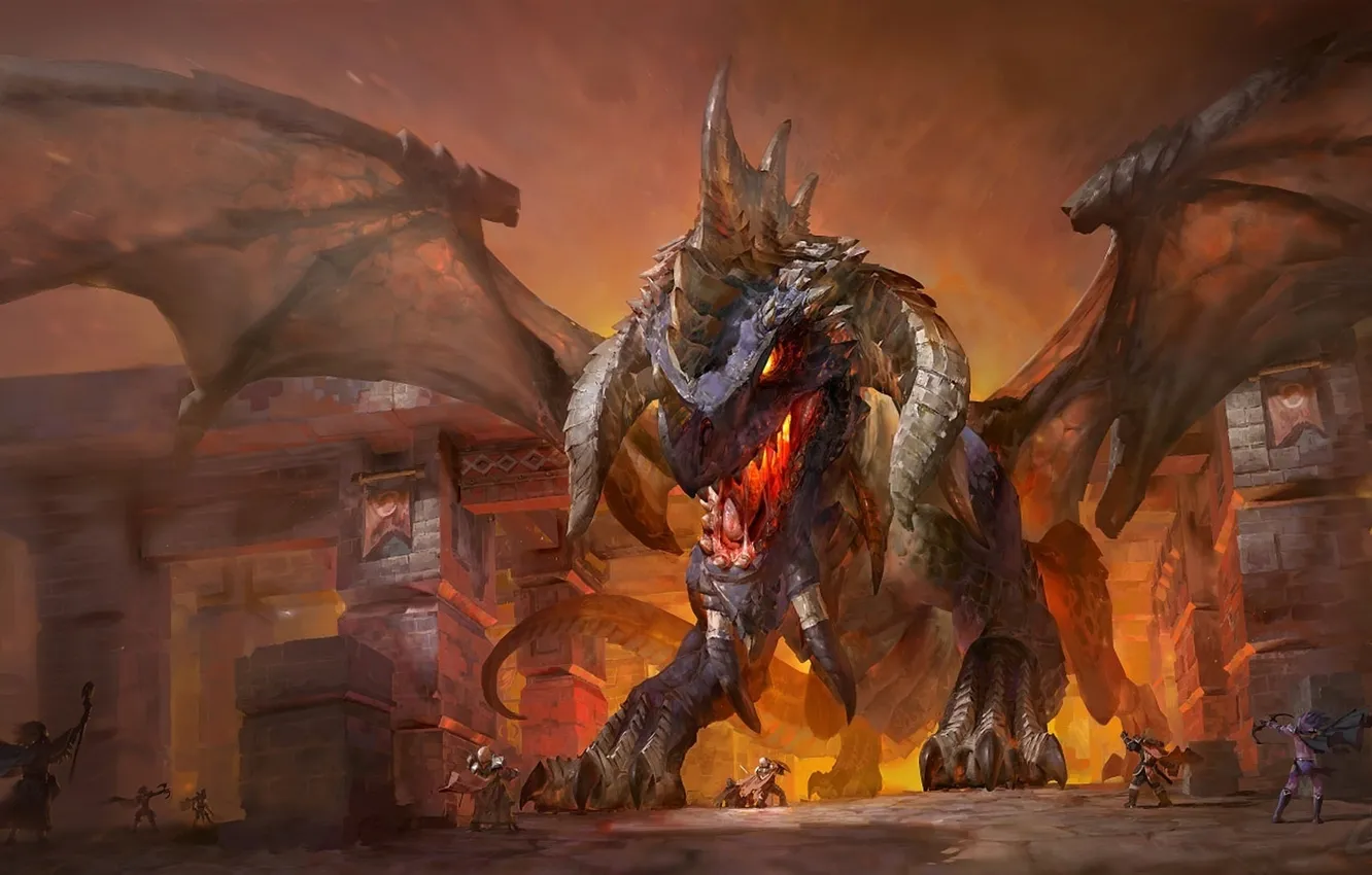 Фото обои город, люди, дракон, крылья, арт, WoW, World of Warcraft, Hearthstone