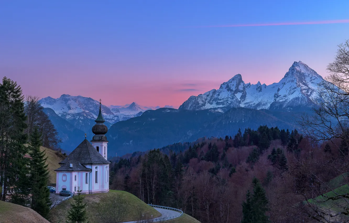 Фото обои дорога, пейзаж, закат, горы, природа, Германия, Бавария, Альпы