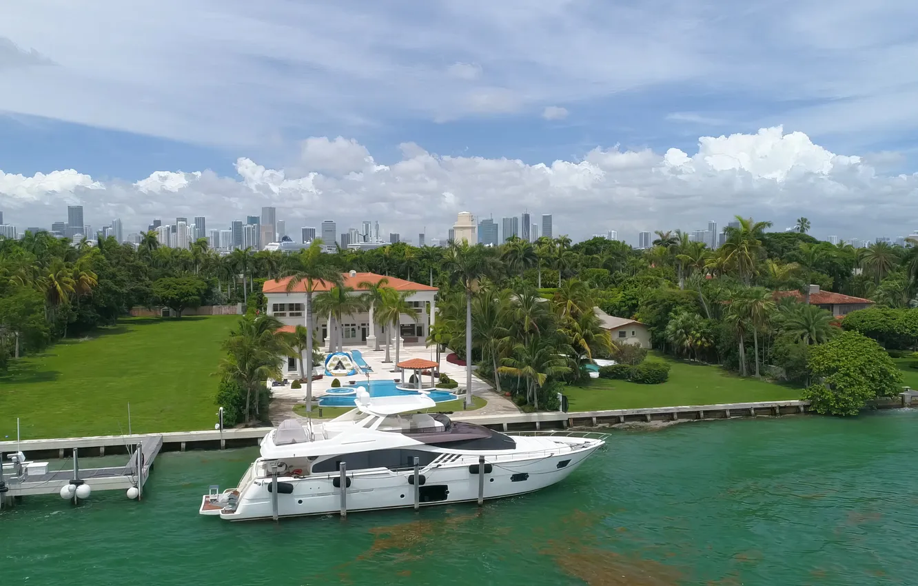 Фото обои Море, Майами, Город, Яхта, Пальмы, City, Miami, Yacht