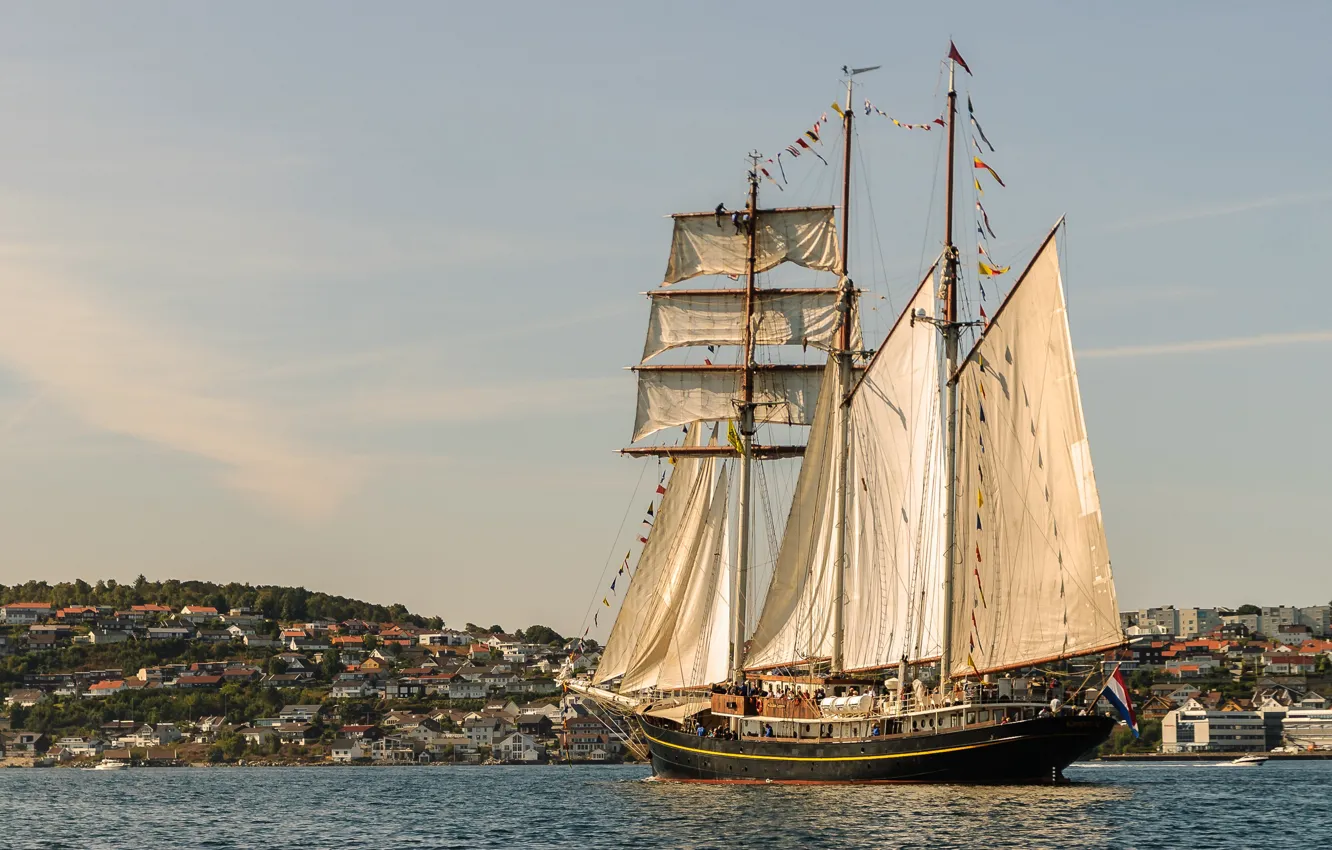 Фото обои море, корабль, парусник, Норвегия, паруса, шхуна, Gulden Leeuw