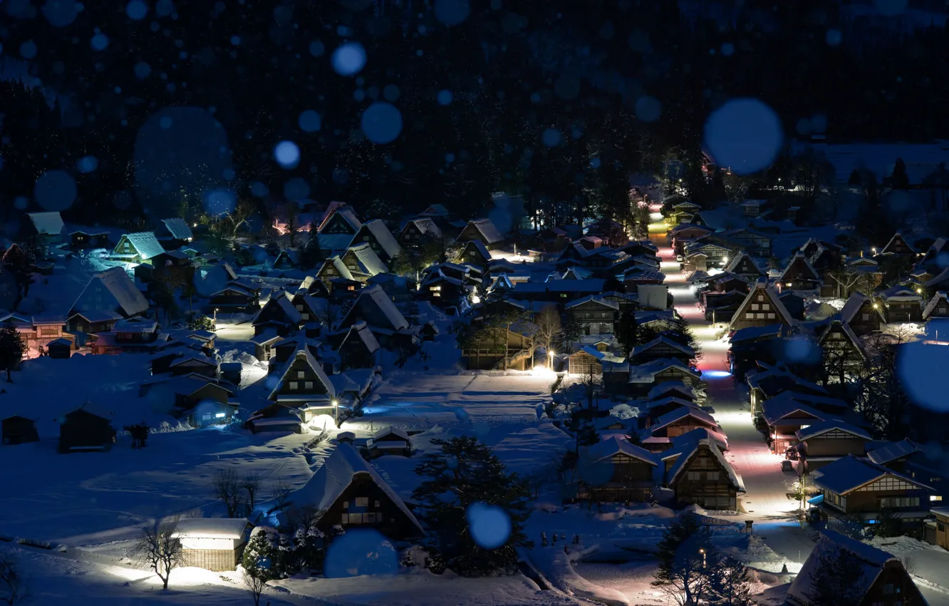 Фото обои зима, снег, ночь, Япония, городок, Сиракава