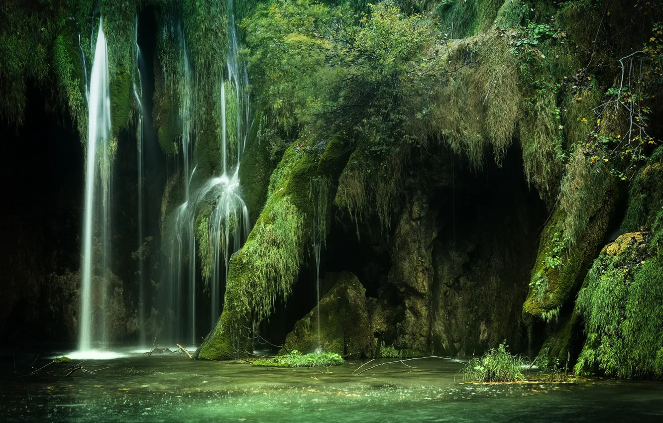 Фото обои зелень, озеро, водопад, мох, Хорватия, Croatia, Plitvice Lakes National Park, Национальный парк Плитвицкие озёра