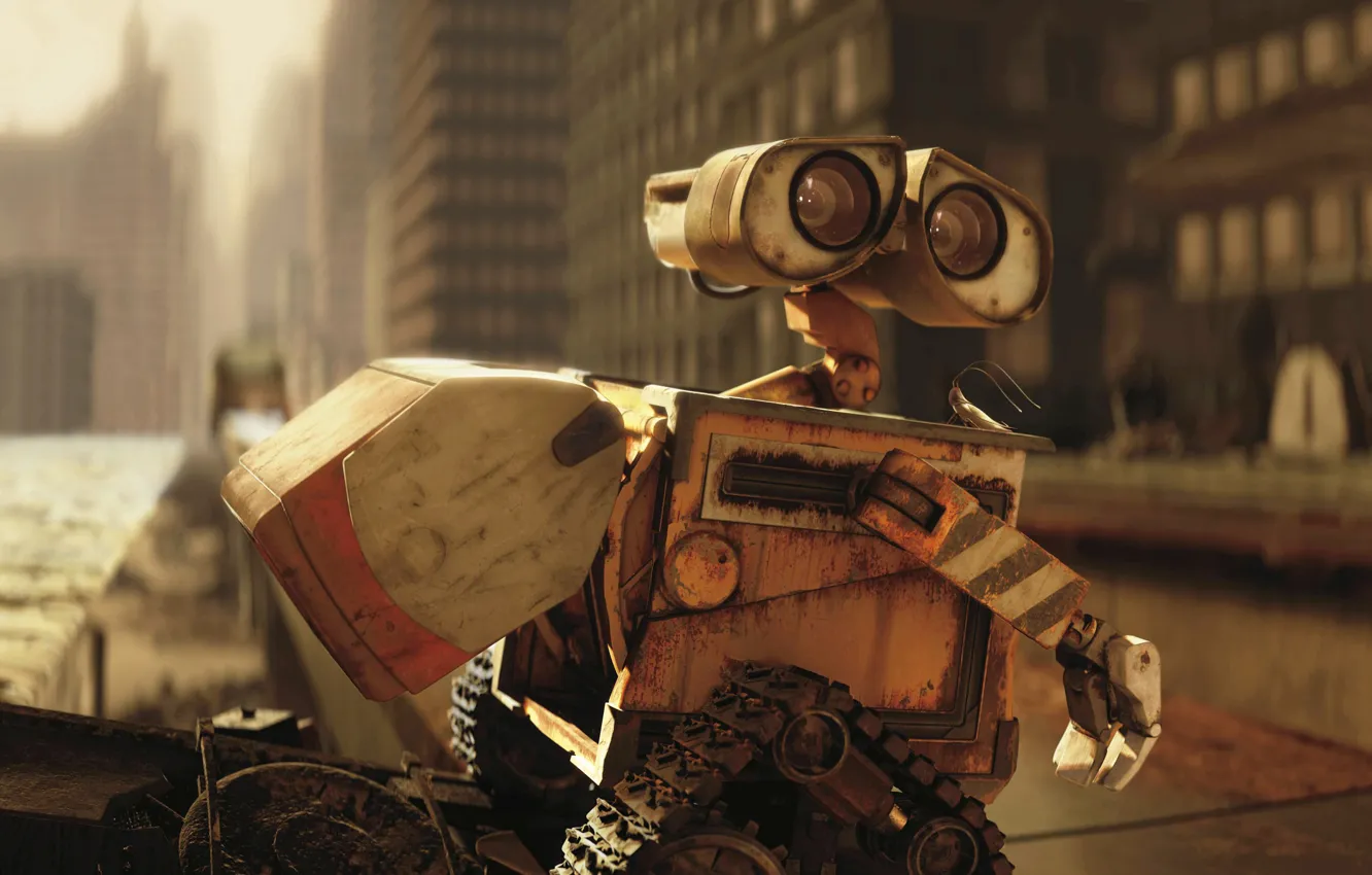 Фото обои город, робот, гусеницы, Wall-E