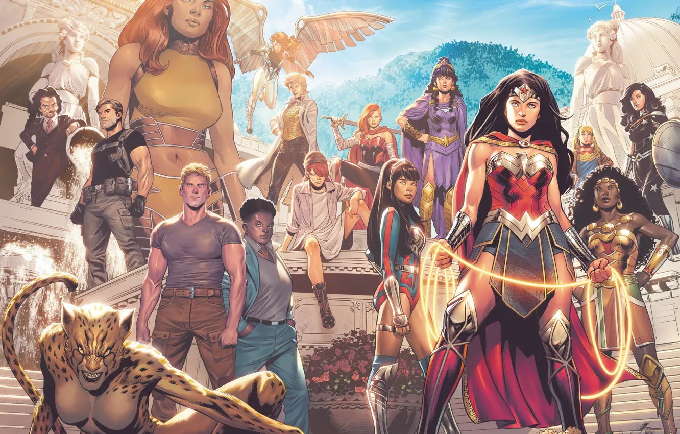 Фото обои Герои, Комикс, Heroes, DC Comics, Wonder woman, Чудо Женщина, Villains, Злодеи