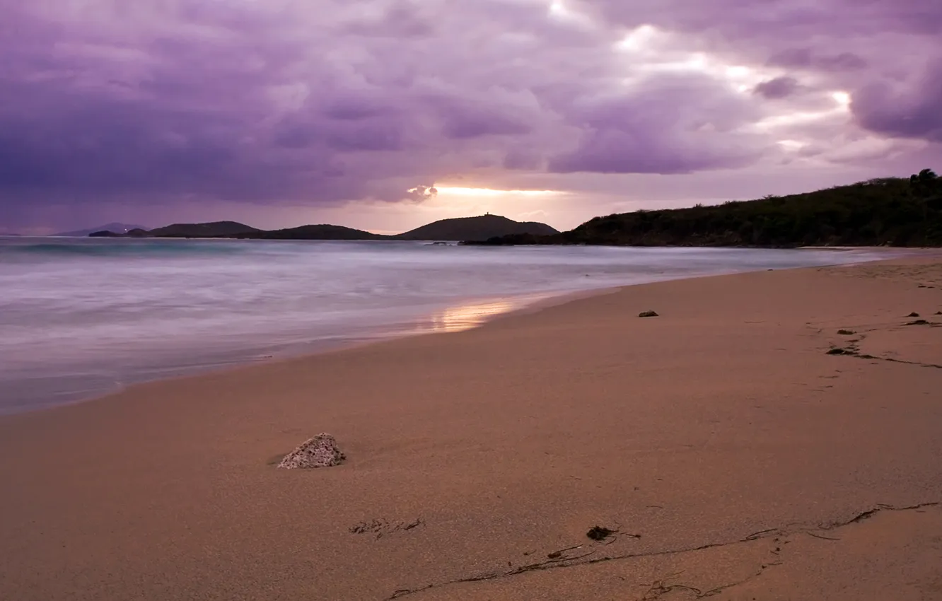Фото обои песок, пляж, закат, тучи, берег, вечер, сиреневые, Puerto Rico