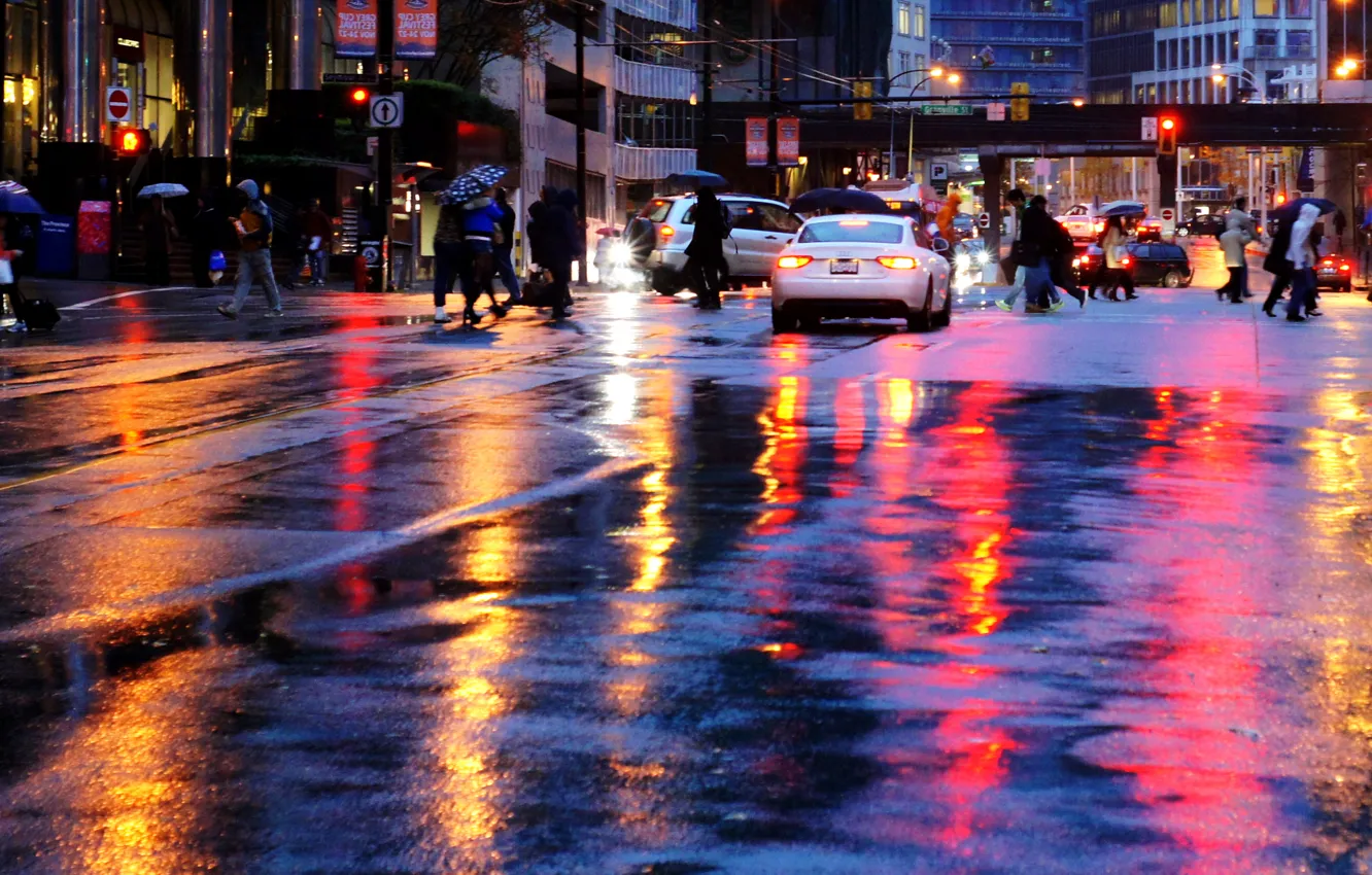 Фото обои город, огни, движение, дождь, суета