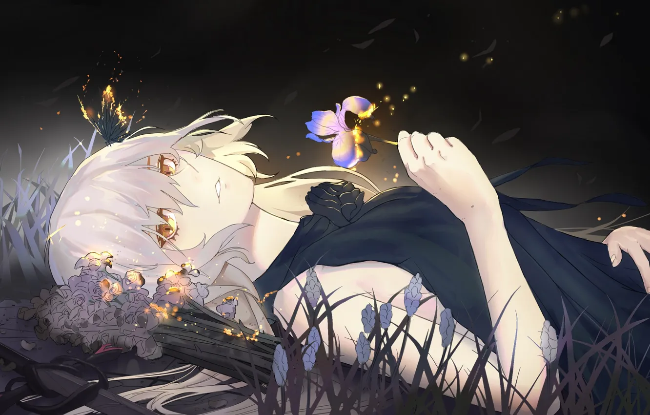 Фото обои цветок, девушка, ночь, бабочка, ирис, Fate / Grand Order, Судьба великая кампания