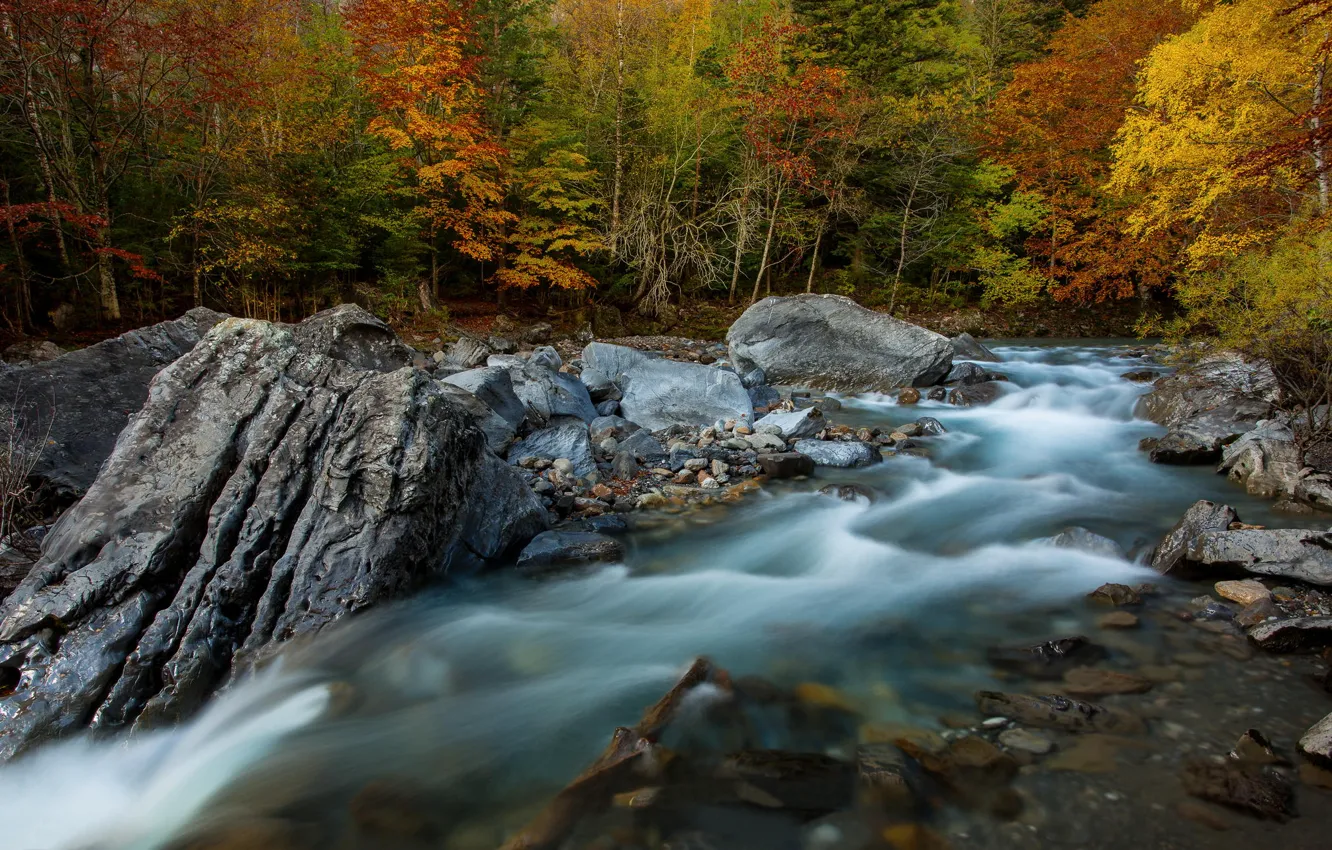 Фото обои осень, лес, река, скалы, выдержка, Испания, потоки, Национальный парк Ордеса-и-Монте-Пердидо
