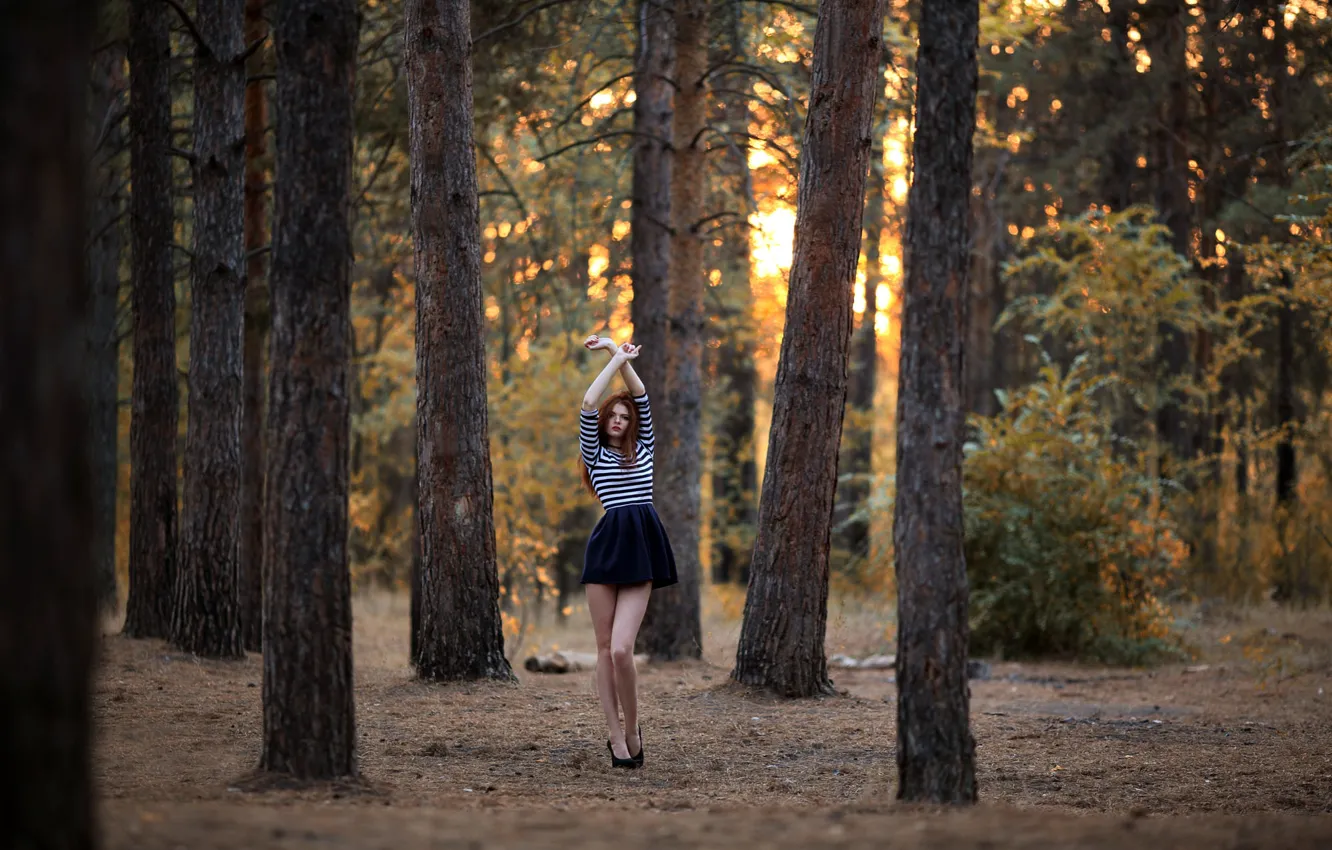 Фото обои лес, девушка, ножки, юбочка, Murat Kuzhakhmetov