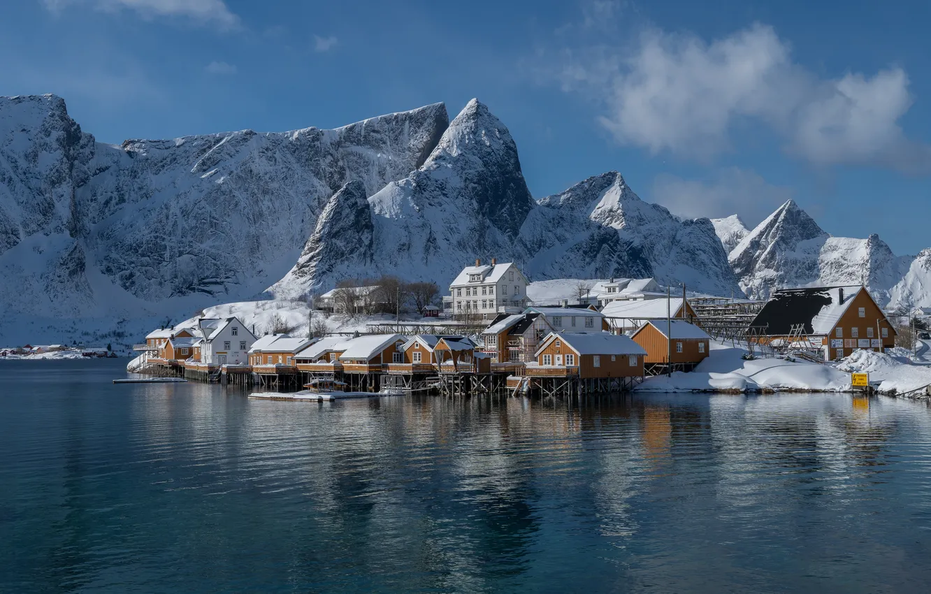 Фото обои зима, горы, деревня, Норвегия, Norway, фьорд, Рейн, Лофотенские острова