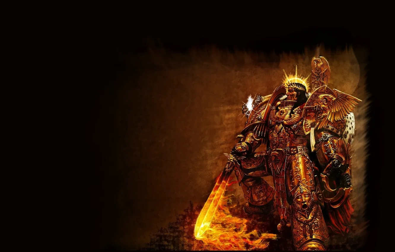 Фото обои пламя, меч, когти, Warhammer, 40k, золотая броня, Emperor of Mankind, Император Человечества