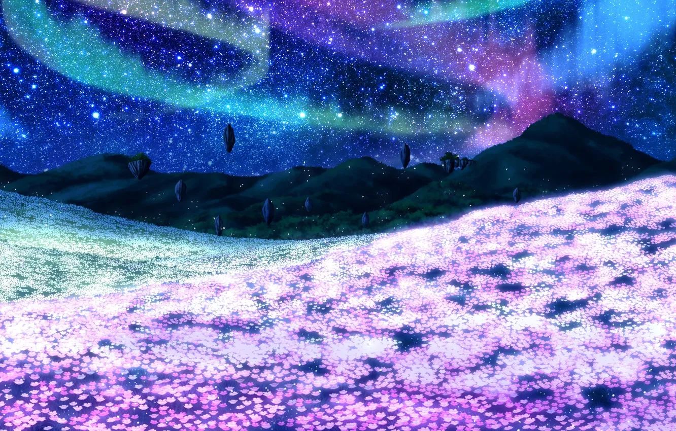 Фото обои поле, звезды, цветы, горы, ночь, северное сияние, арт, guardian place