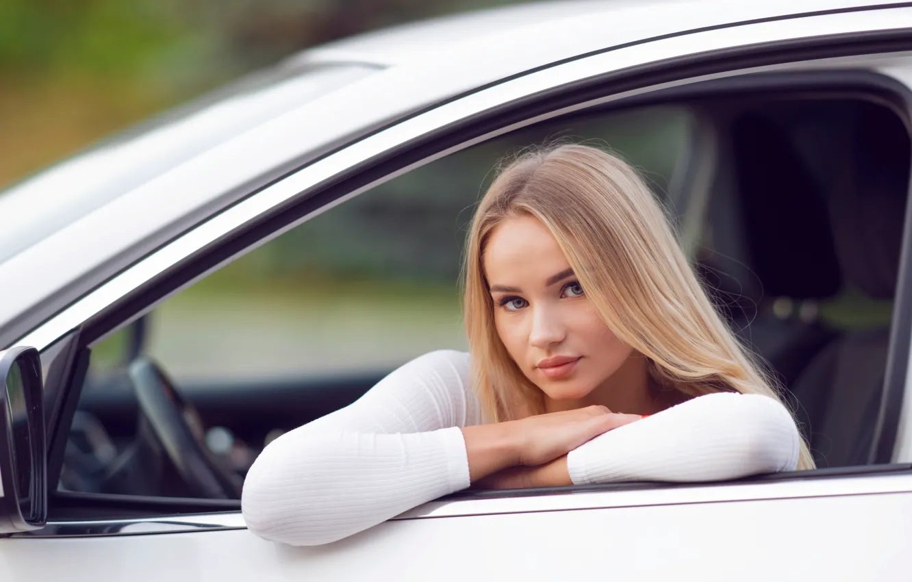 Фото обои beautiful, model, women, blonde, looking at viewer, women with cars, white cars