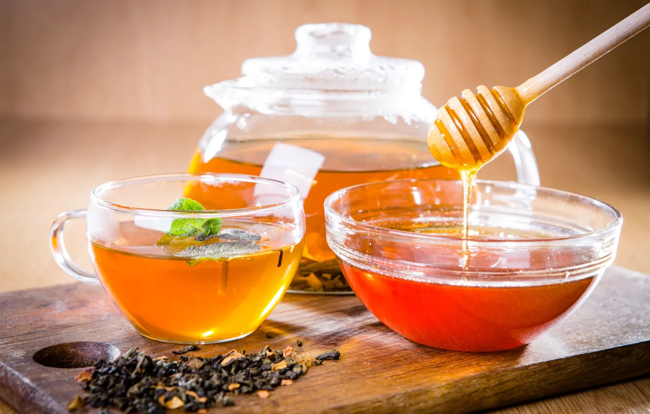 Фото обои чай, чайник, мед, ложка, чашка, доска, мёд, заварка