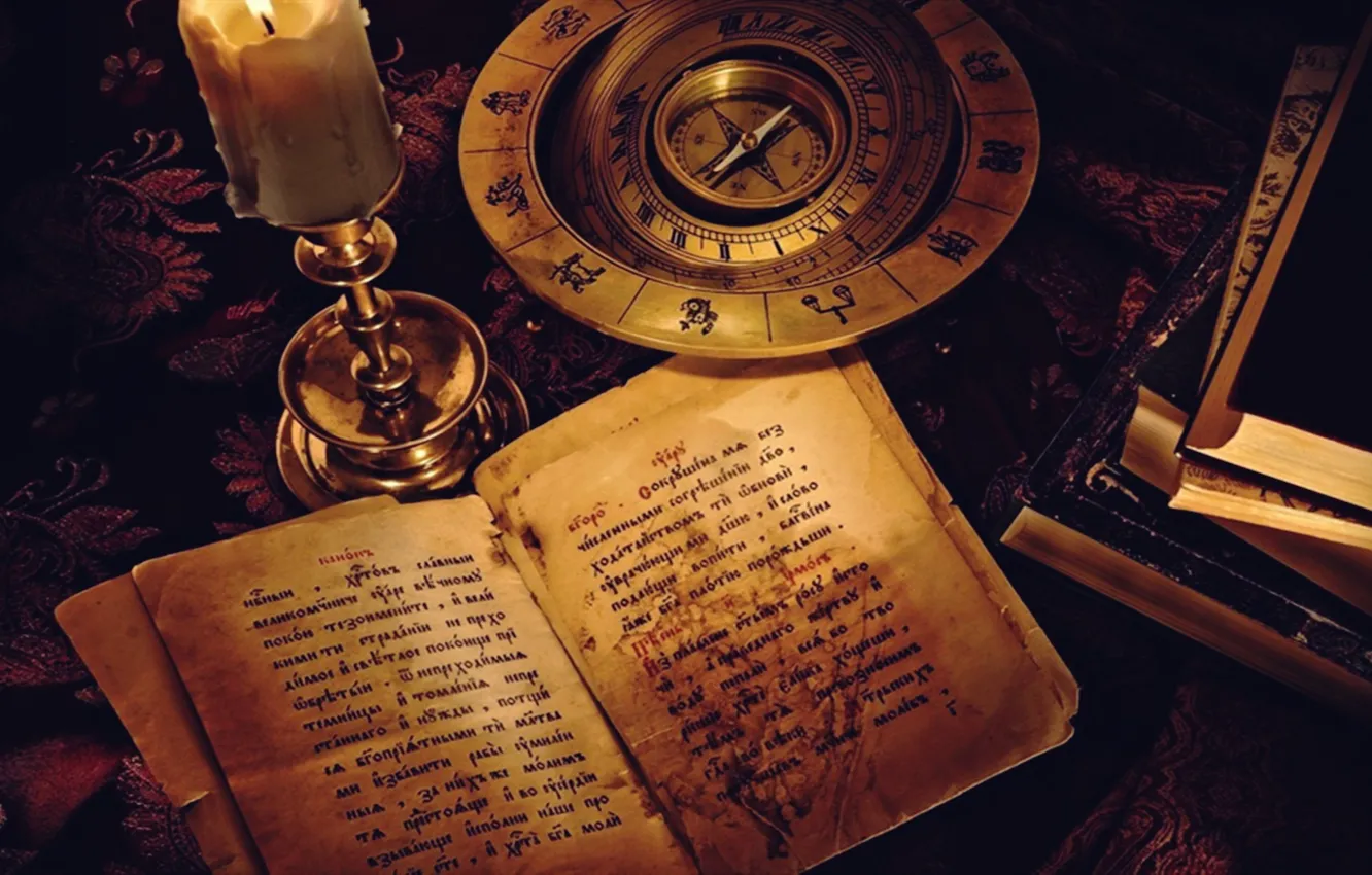 Фото обои light, table, compass, candle